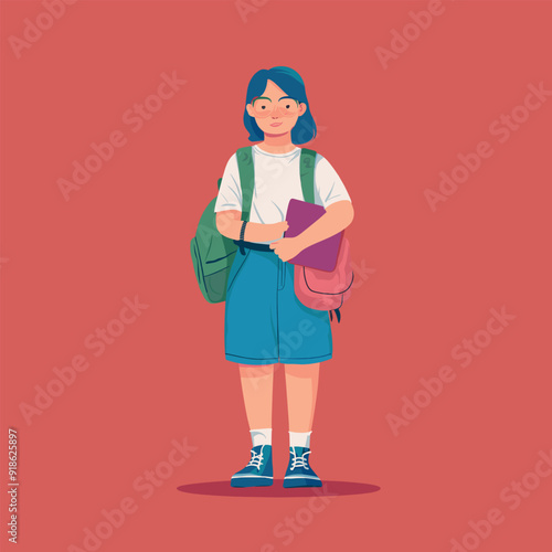 a drawing of a student girl and a backpack