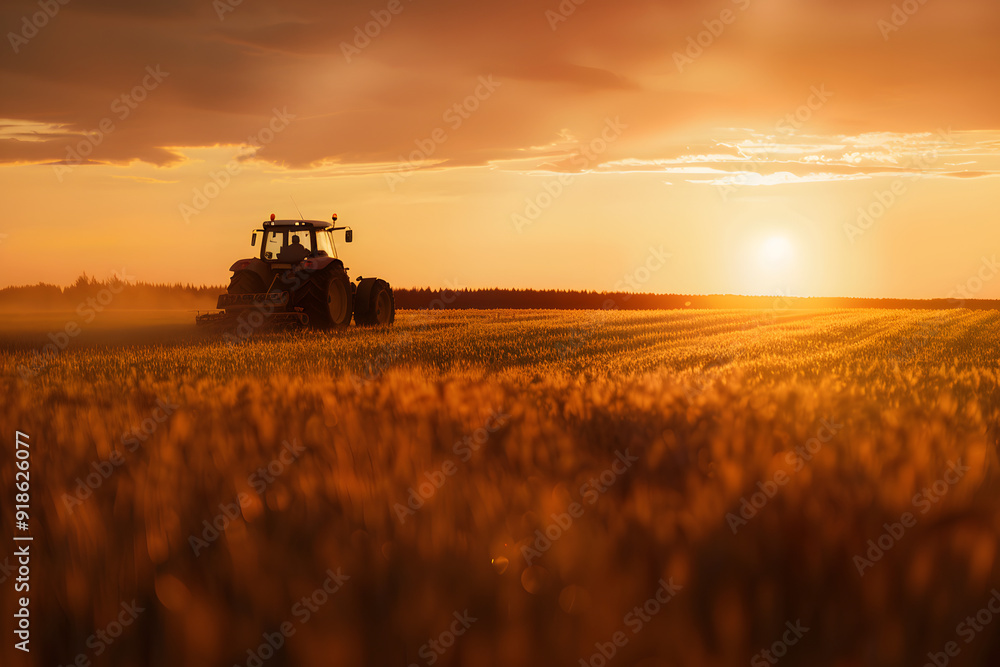 Naklejka premium A tractor operates in a soybean field under the warm glow of a spring sunset, representing smart farming and sustainable agriculture