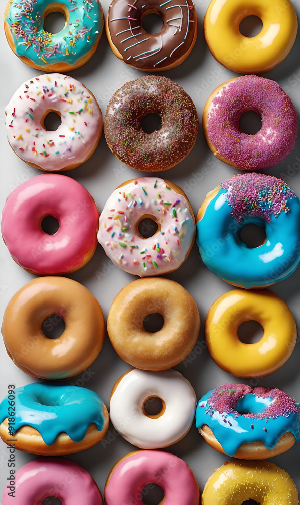 High-resolution classic American doughnuts with vibrant toppings on clean, minimalistic background. High-resolution classic American doughnuts with vibrant toppings on clean, minimalistic background.