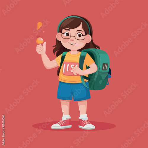 a drawing of a student girl and a backpack