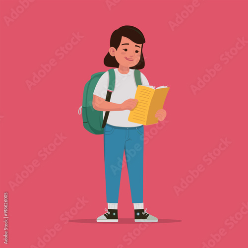 a drawing of a student girl and a backpack