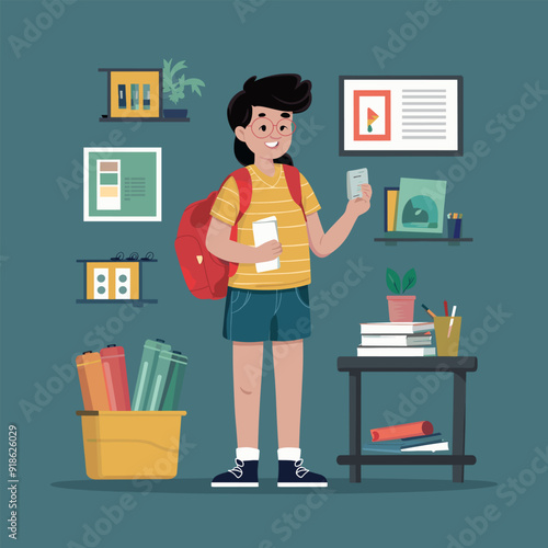 a drawing of a student girl and a backpack