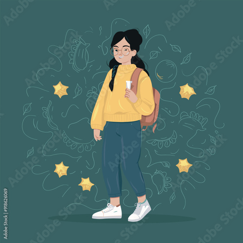 a drawing of a student girl and a backpack