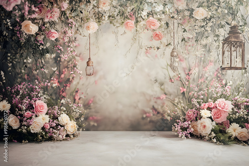 Maternity backdrop, wedding backdrop, photography background with delicate flowers and vintage wall.