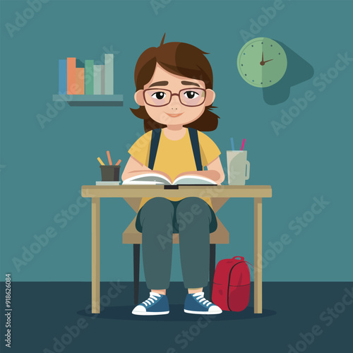 a drawing of a student girl and a backpack