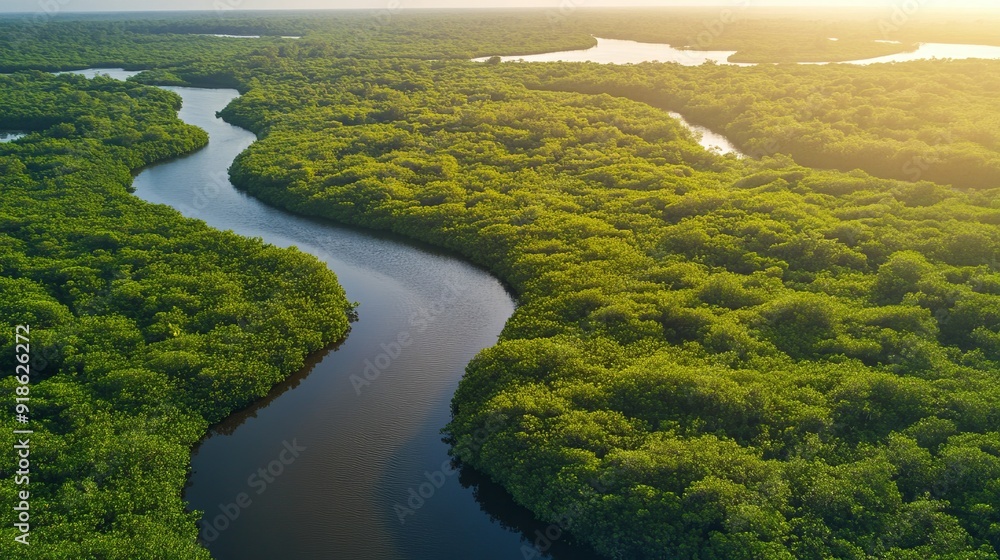 Aerial view of a winding river flowing through a lush green mangrove forest. The sunlight shines on the water, creating a shimmering effect. Aerial view of a winding river flowing through a lush green mangrove forest. The sunlight shines on the water, creating a shimmering effect.