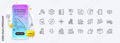 Construction toolbox, Filling station and Rise price line icons for web app. Phone mockup gradient screen. Pack of Power, Excise duty, Petrol station pictogram icons. Vector