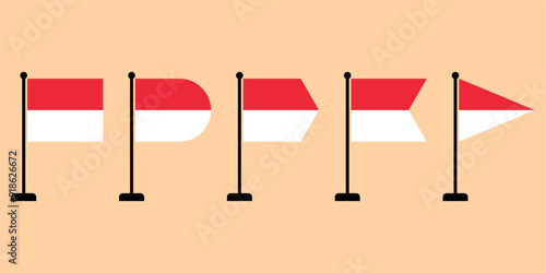 Vector illustration of the Indonesian flag flying on a pole. Flat solid color cartoon with various shapes. Isolated with editable and scalable eps File. Wavy flag icon.