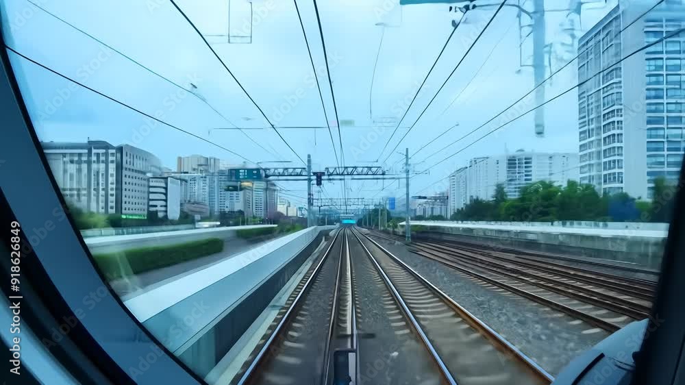 Inside a modern train cabin as it travels through the city during the morning rush hour Inside a modern train cabin as it travels through the city during the morning rush hour