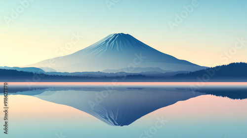 A vector illustration of the majestic Mount Fuji, reflecting in calm waters on an early morning