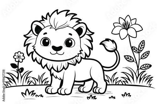 Line art of cute little lion wandering in the mead, Coloring page of little baby lion for kids coloring book