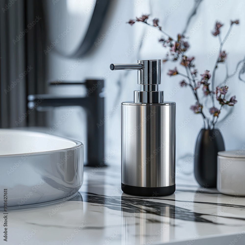 Modern Stainless Steel Automatic Soap Dispenser Standing on Elegant Marble Countertop Modern Stainless Steel Automatic Soap Dispenser Standing on Elegant Marble Countertop