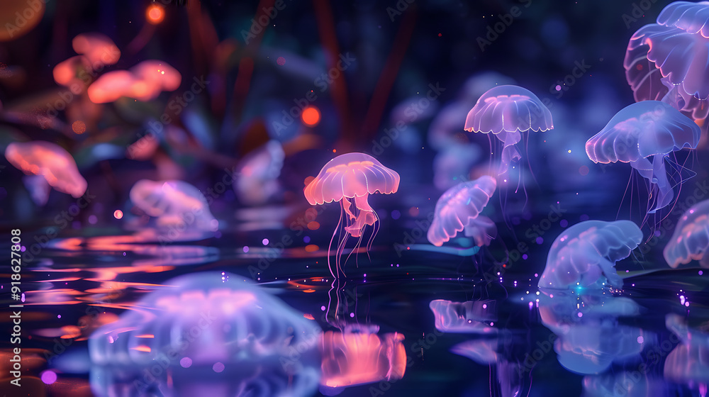 Obraz premium A group of jellyfish in a blue ocean