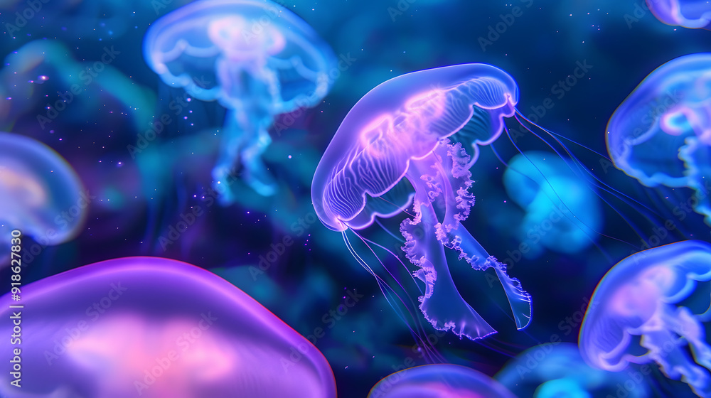 Naklejka premium A group of jellyfish in a blue ocean