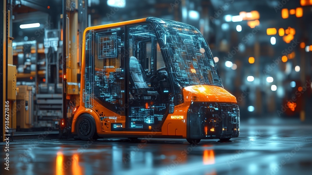 Futuristic automated vehicle in a high-tech warehouse - generative ai Futuristic automated vehicle in a high-tech warehouse - generative ai