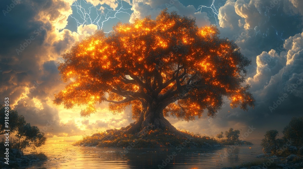 Obraz premium Majestic lightning tree at sunset - generative ai