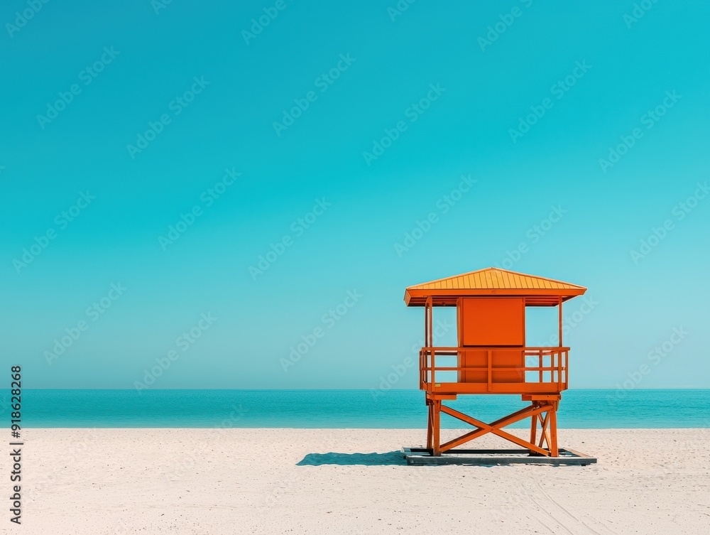 Clean beach with orange lifeguard tower, blue sky and sea, minimalistic, natural light adding warmth Clean beach with orange lifeguard tower, blue sky and sea, minimalistic, natural light adding warmth