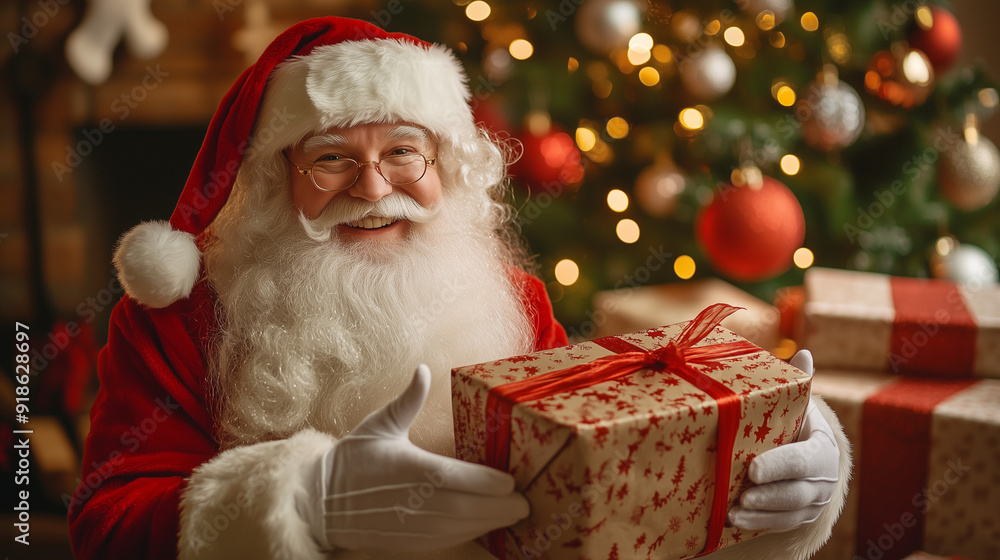 Santa indoor, screensaver wallpaper, with christmas tree and gift background. New Year image, Christmas background. AI generation Santa indoor, screensaver wallpaper, with christmas tree and gift background. New Year image, Christmas background. AI generation