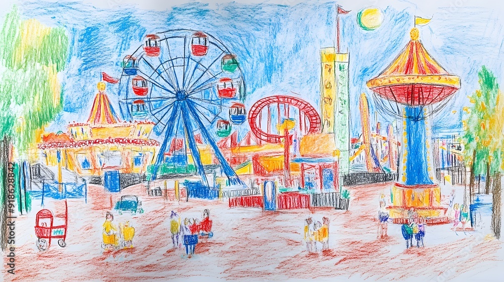 クレヨンで描いた遊園地の絵 クレヨンで描いた遊園地の絵