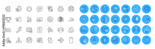 Leaves, Management and Collagen skin line icons pack. Presentation, Smartphone, Next web icon. Cogwheel, Boarding pass, Certificate pictogram. Time, Delegate question, Entrance. Stress. Vector