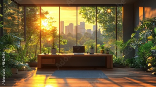 Sunlit home office overlooking city skyline - generative ai photo