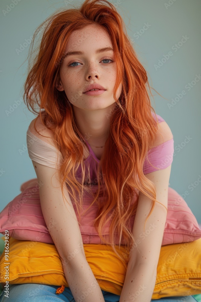 Fototapeta premium Redhead Leans on Pillows