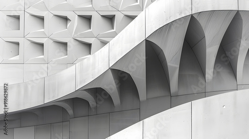 The image is a black and white photo of a building with a lot of concrete