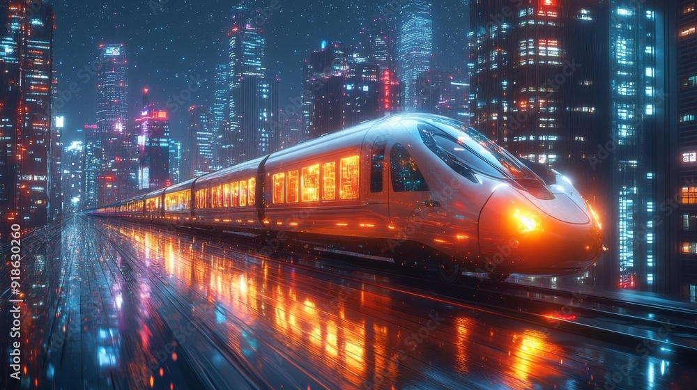 Futuristic train in a night cityscape - generative ai Futuristic train in a night cityscape - generative ai