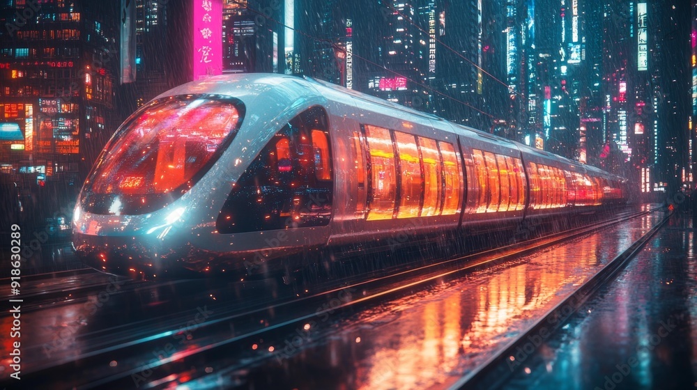 Futuristic train in cyberpunk cityscape - generative ai Futuristic train in cyberpunk cityscape - generative ai