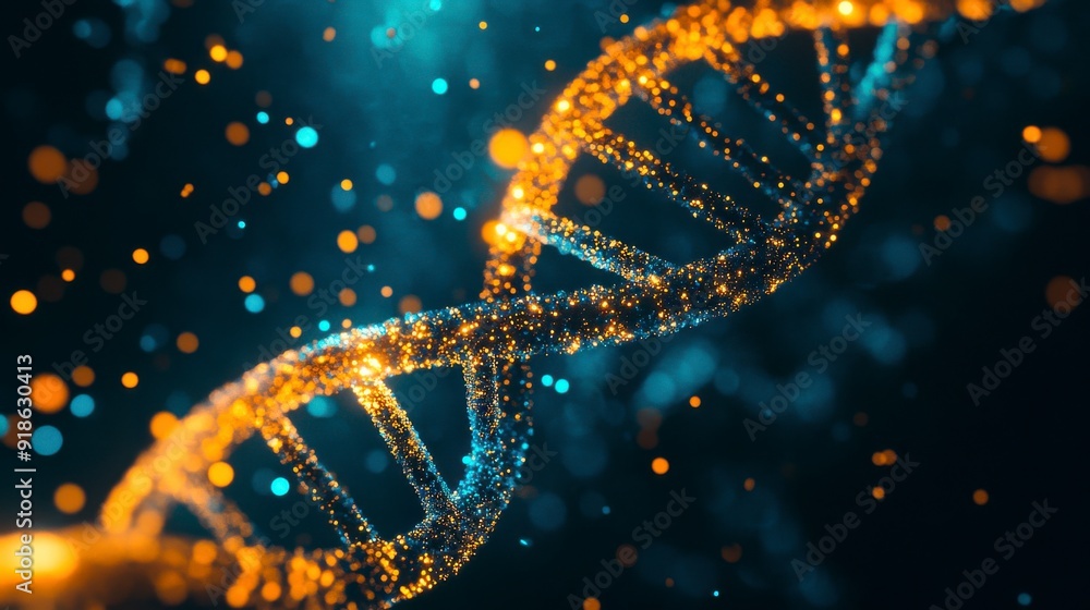 Double helix DNA with turquoise-orange glowing particles on dark background, abstract futuristic composition. Double helix DNA with turquoise-orange glowing particles on dark background, abstract futuristic composition.