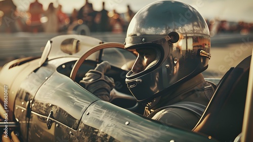 Vintage race car driver preparing for a classic car race event photo