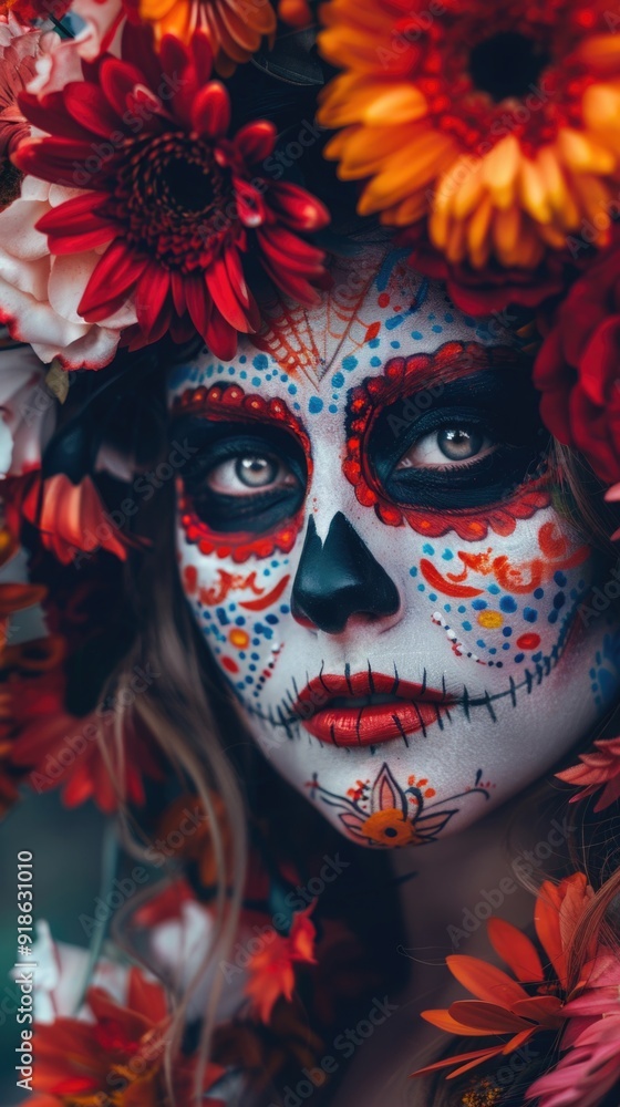 girl with makeup for Day of the Dead, featuring vibrant colors and a floral headpiece. Mexican culture, celebration girl with makeup for Day of the Dead, featuring vibrant colors and a floral headpiece. Mexican culture, celebration