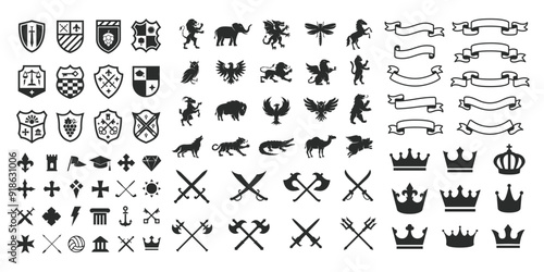 Heraldic Crest Logos elements set. Heraldic Animals, shields logos, retro ribbons, luxury logo symbols, crown and swords icons. Vector illustration