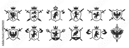 Vintage Animals logo set. Set of 12 medieval logo templates. Vintage emblem with shield, crown, swords. Trendy vintage hipster design. Vector illustration