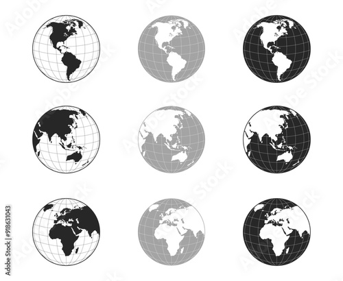 World globe maps set. Europe, Asia, America globe map. Earth globe icons. Vector illustration.