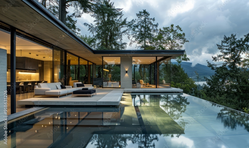 Fototapeta premium Contemporary glass house with expansive views.