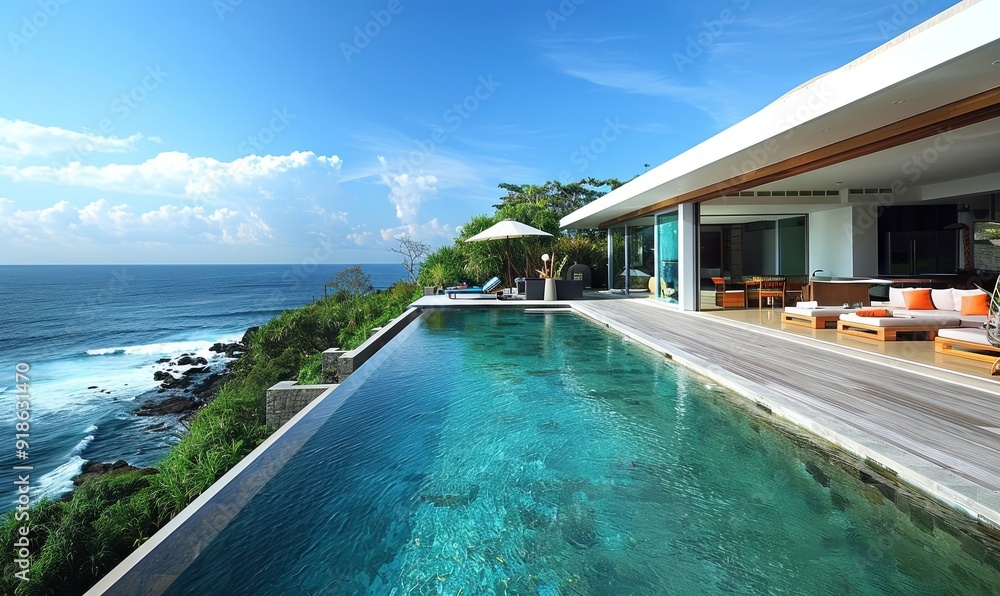Fototapeta premium Minimalist beach villa with panoramic views.