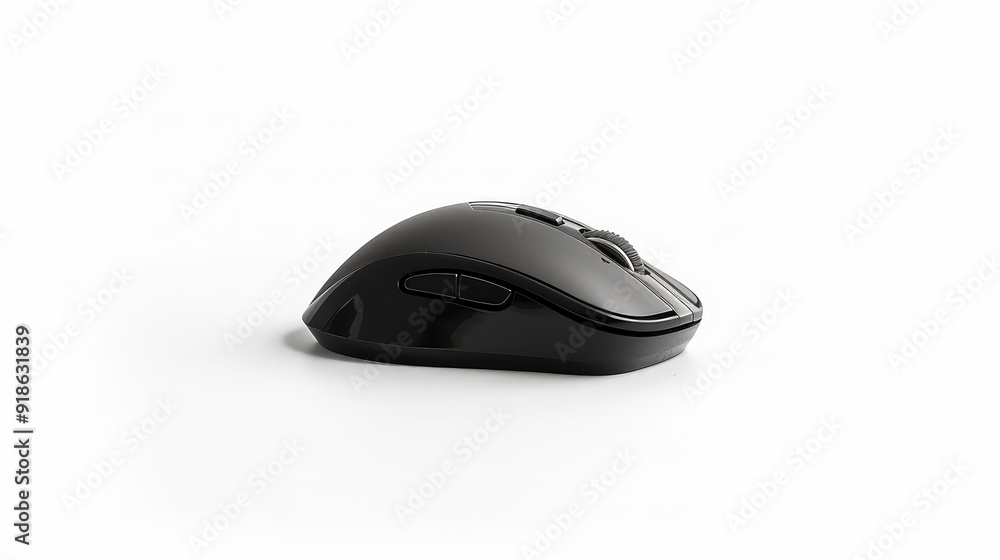 A black wireless computer mouse with a scroll wheel on top and two buttons on the side, isolated on a white background. A black wireless computer mouse with a scroll wheel on top and two buttons on the side, isolated on a white background.