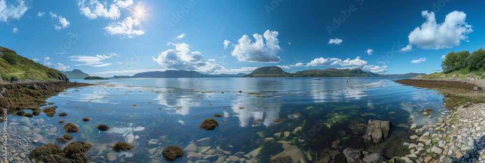 Scenic Coastal View of Raasay Island with Clear Blue Sky and Sailing Boats, Scotland Scenic Coastal View of Raasay Island with Clear Blue Sky and Sailing Boats, Scotland