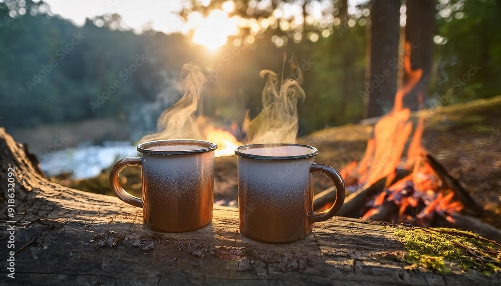 White campfire enamel coffee mug mockup river and forest view. Empty mug layout for design promotion. White campfire enamel coffee mug mockup river and forest view. Empty mug layout for design promotion.