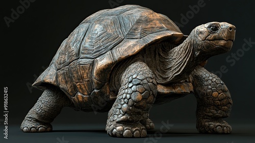 A large tortoise stands with its head turned, showcasing its textured shell.