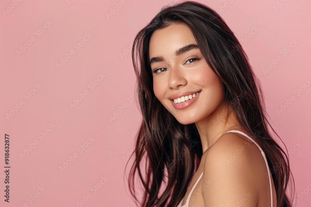 Pink studio background, smile, hair care, and woman with texture, growth, and wellbeing. Luxury, joyful female with volume, aesthetic, dermatology, makeup, skincare, and healthy skin Pink studio background, smile, hair care, and woman with texture, growth, and wellbeing. Luxury, joyful female with volume, aesthetic, dermatology, makeup, skincare, and healthy skin