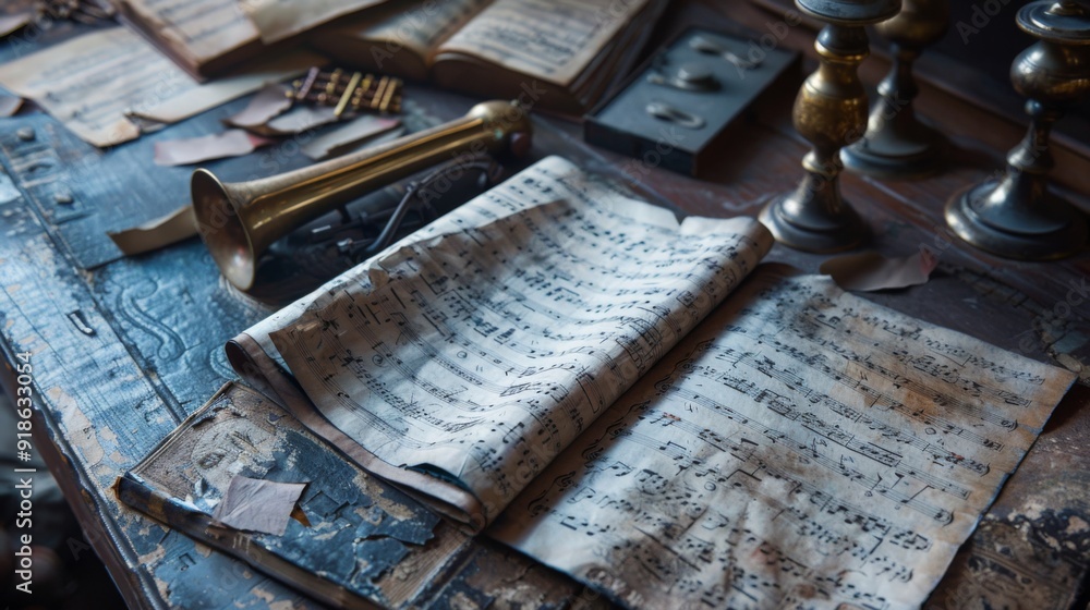 A collection of music sheets and instruments, representing the art of music education and the discipline it fosters. A collection of music sheets and instruments, representing the art of music education and the discipline it fosters.