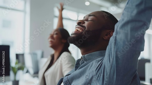 Call center, customer service, stretching Computer users contact us assistance and crm consultancy office. Man or black lady with a smile willing to help telemarket