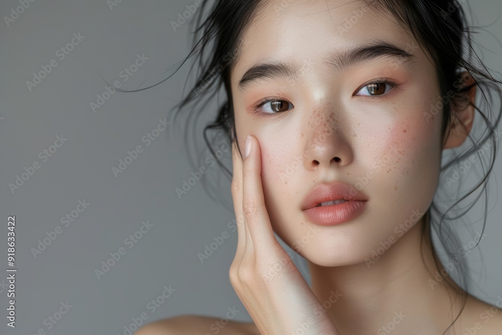Asian woman with skincare products, natural beauty, and clean on grey studio background. Organic facial, face detox, and health for smooth, soft, or clear skin for women and makeup. Asian woman with skincare products, natural beauty, and clean on grey studio background. Organic facial, face detox, and health for smooth, soft, or clear skin for women and makeup.