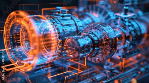 Abstract representation of fluid power engineering with hydraulic designs and digital simulations, illustrating innovation in motion control. photo