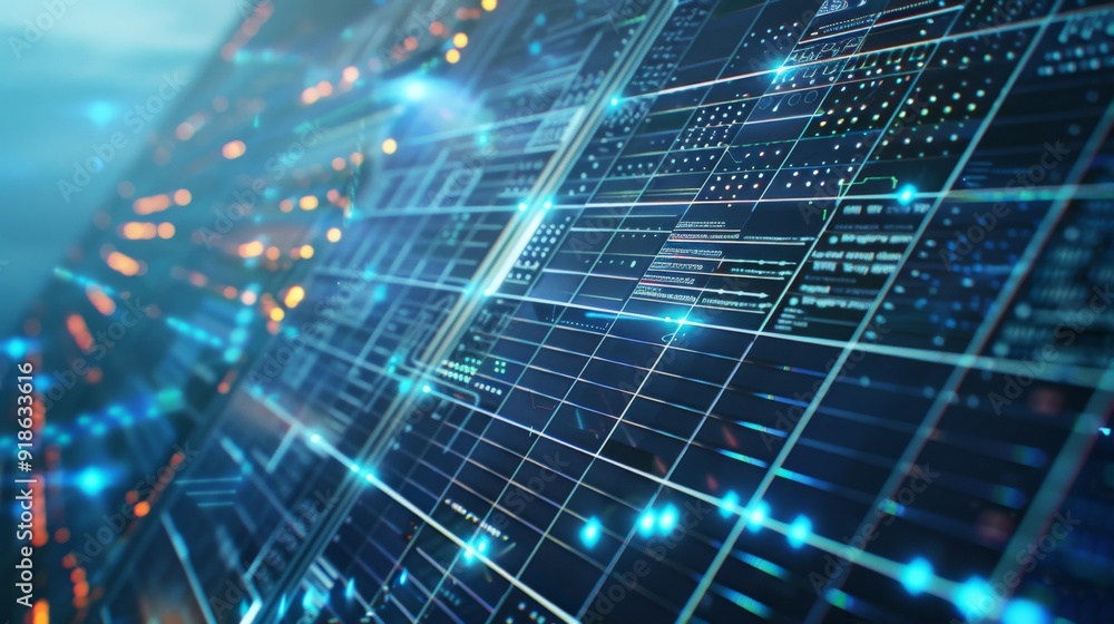 A close-up of a solar panel with digital data overlays, illustrating the role of technology in optimizing renewable energy production. A close-up of a solar panel with digital data overlays, illustrating the role of technology in optimizing renewable energy production.