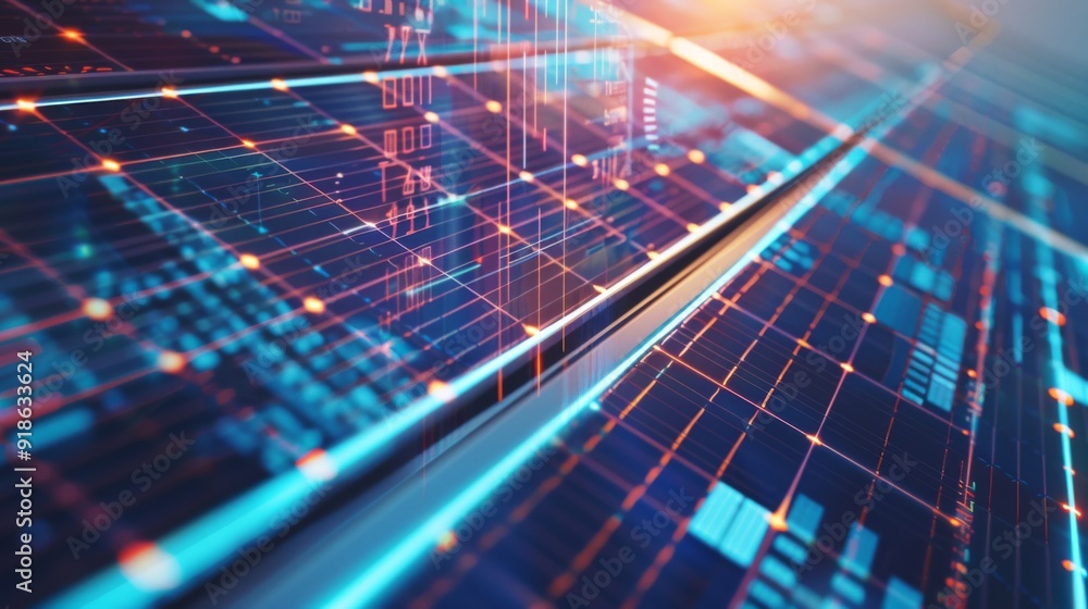 A close-up of a solar panel with digital data overlays, illustrating the role of technology in optimizing renewable energy production. A close-up of a solar panel with digital data overlays, illustrating the role of technology in optimizing renewable energy production.