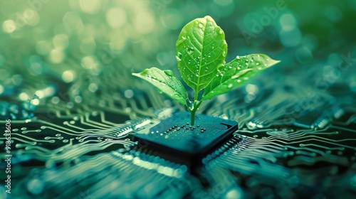 A close-up of a plant growing through a microchip, representing the intersection of technology and nature in environmental innovation. photo