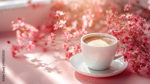 Coffee Cup and Aesthetic Floral Sunlight Shadows on Peach Table Background with Copy Space. Feminine Good Morning